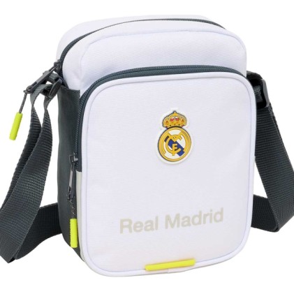Borsa a tracolla Safta Real Madrid 2L - Regolabile - Tasca posteriore con velcro - Chiusura con cerniera - 16x22x6cm - Nero e bianco