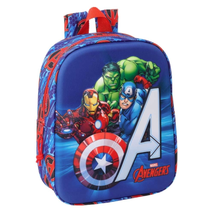 Zaino per bambini Safta Avengers 3D, 6 litri - Maniglia superiore - Spallacci imbottiti e regolabili - Chiusura con cerniera - 22x27x10 cm - Rosso e blu