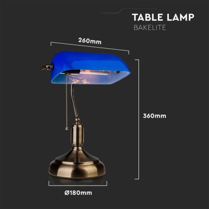 V-TAC Lampada LED da Tavolo Vintage in Metallo con Portalampada E27 Diffusore Inclinabile di 90&deg; in Vetro Colore Blu