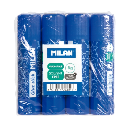 Confezione da 4 stick di colla Milan da 8 g - Multiuso - Multisuperficie - Senza solventi - Per uso scolastico - Blu