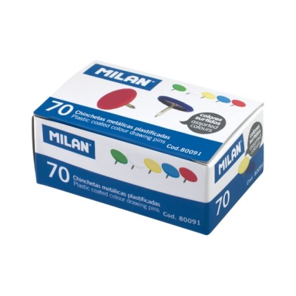 Confezione da 70 puntine da disegno in metallo Milan - Rivestite in plastica - Colori assortiti