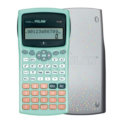Calcolatrice scientifica Milan M240 argento, 10+2 cifre - Display a 2 righe - 240 funzioni integrate, di cui 124 scientifiche - Custodia protettiva - Colore turchese