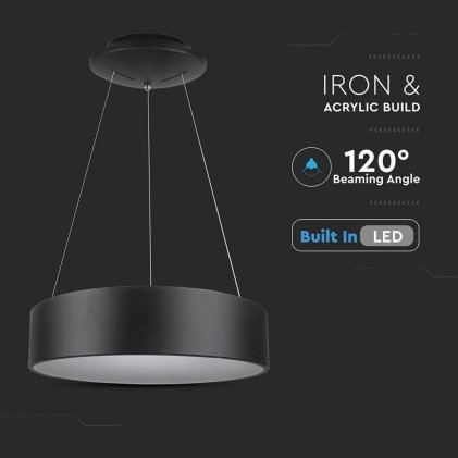 V-TAC Lampadario LED a Sospensione Circolare 25W in Metallo Colore Nero d: 45cm h: 120cm 3000K