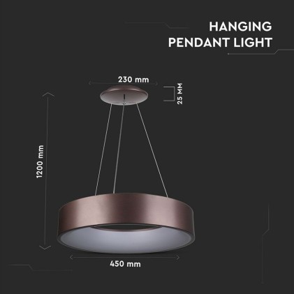 V-TAC Lampadario LED a Sospensione Circolare 25W in Metallo Colore Caffè d: 45cm h: 120cm 3000K