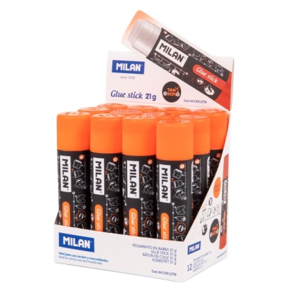 Espositore Milan Tandem con 12 stick di colla da 21 g - Multiuso - Multisuperficie - Senza solventi - Uso scolastico - Bianco