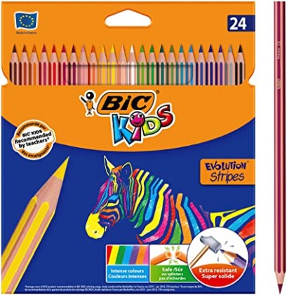 Bic Kids Evolution StripesConfezione da 24 matite in colori assortiti - Realizzata in resina - Punta ultra resistente - Piombo pigmentato da 3,20 mm
