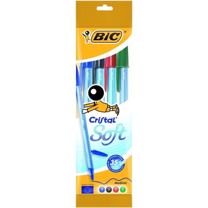 Bic Cristal Soft Confezione da 4 penne a sfera - Punta media 1,2 mm - Linea 0,45 mm - Scrittura pi&ugrave; liscia - Colori assortiti