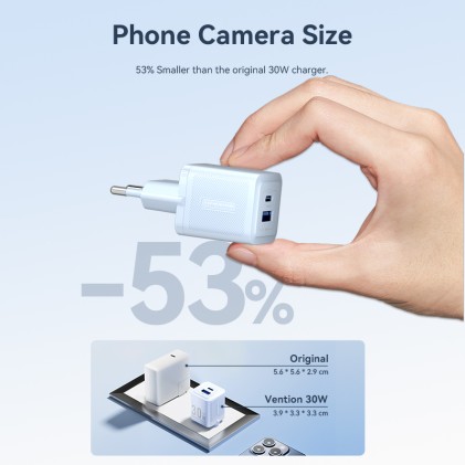 Alimentatore 2 porte USB A+C GaN 5V-9V-12V-20V 30W bianco