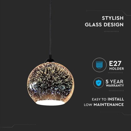 V-TAC Lampadario LED a Sospensione con Portalampada E27 (Max 60W) Campana in Vetro Colore Cromo Specchio con Effetto 3D d: 20cm