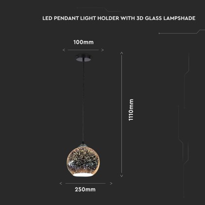 V-TAC Lampadario LED a Sospensione con Portalampada E27 (Max 60W) Campana in Vetro Colore Cromo Specchio con Effetto 3D d: 25cm