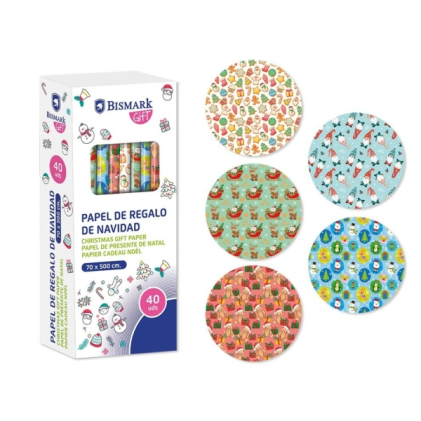 Rotolo di carta da regalo natalizia Bismark con giocattoli - Dimensioni: 70 cm x 500 cm - 5 diversi design
