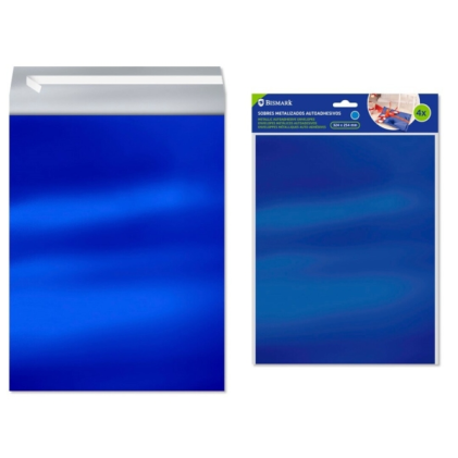 Confezione da 4 buste metallizzate Bismark - Dimensioni: 324x254 mm - Chiusura autoadesiva - Ideali per regali - Blu metallizzato