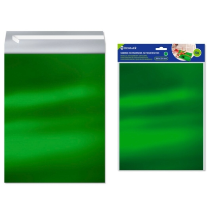 Confezione da 4 buste metallizzate Bismark - Dimensioni: 324x254 mm - Chiusura autoadesiva - Ideali per regali - Verde metallizzato