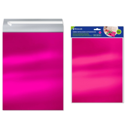 Confezione da 4 buste metallizzate Bismark - Dimensioni 324x254 mm - Chiusura autoadesiva - Ideali per regali - Rosa metallizzato