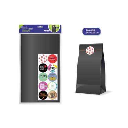 Confezione da 10 buste in carta kraft Bismark (50 g/m&sup2;) con 10 adesivi di chiusura - Dimensioni 24x42x6 cm - Ideali per regali - Nero