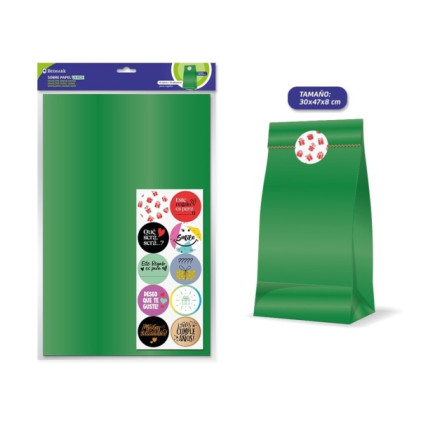 Confezione da 10 buste in carta kraft Bismark da 50 g/m&sup2; con 10 adesivi di chiusura - Dimensioni: 30x47x8 cm - Ideali per regali - Verde