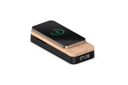 Sveglia pieghevole 3 in 1 Thomson - Caricabatterie a induzione compatibile con Android e Apple - Caricabatterie USB-C - Luminosit&agrave; regolabile - Colore legno e nero