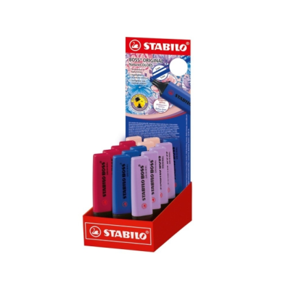 Espositore Stabilo Boss Naturecolors Wildflower Edition con 15 pennarelli - Larghezza del tratto tra 2 e 5 mm - Inchiostro a base d'acqua - Colori: blu navy, cipria, lilla grigiastro e rosso bordeaux
