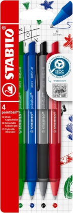 Confezione da 4 penne retrattili Stabilo Pointball colorate - Tratto da 0,5 mm - Realizzate con l'87% di bioplastica - Impugnatura antiscivolo - Ricaricabili - Colori assortiti