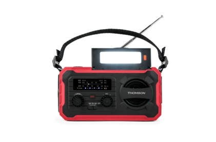 Radio portatile solare Thomson SOS - AM/FM - Batteria da 8000 mAh - Torcia di emergenza - 3 modalit&agrave; di ricarica - Funzione power bank - Rossa