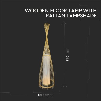 V-TAC Lampadario LED in Legno a Terra con Portalampada E27 (Max 60W) h:94cm 1,8m Cavo
