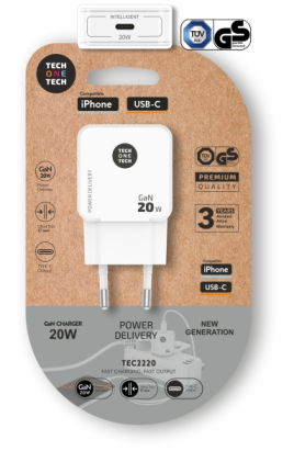 Caricabatterie da parete TechOneTech GaN 20W Ultra Veloce USB-C, bianco