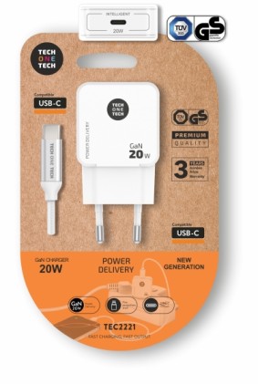 Caricabatterie da parete ultraveloce TechOneTech GaN da 20 W, colore bianco, con cavo USB-C.