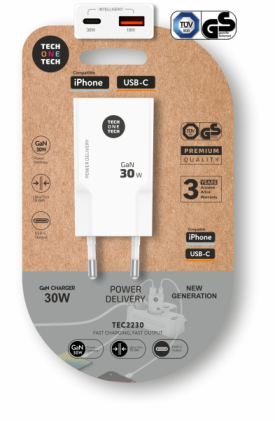 Caricabatterie da parete doppio ultraveloce TechOneTech GaN da 30 W USB-C + USB-A, bianco