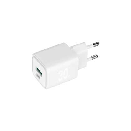 Caricabatterie doppio GaN Blackbyte by Pedro Buerbaum - 1xUSB-C PD 30W - 1xUSB-A 18W - Ricarica rapida PPS - Colore bianco