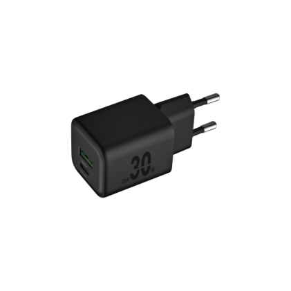 Caricabatterie doppio GaN Blackbyte by Pedro Buerbaum - 1xUSB-C PD 30W - 1xUSB-A 18W - Ricarica rapida PPS - Colore nero