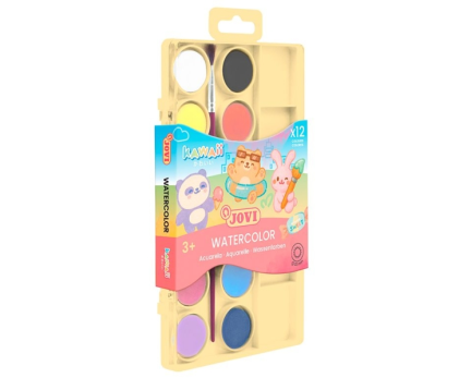 Jovi Kawaii Confezione da 12 acquerelli da 22 mm + pennello - Facilmente sfumabili - Colori kawaii assortiti