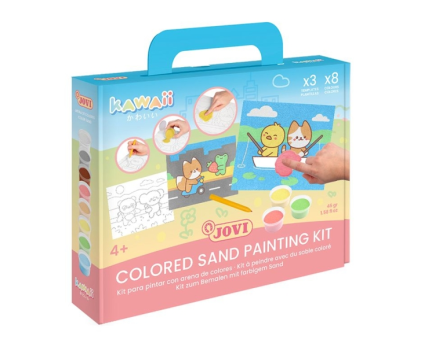 Kit per dipingere con la sabbia Jovi Kawaii con 8 barattoli di sabbia + 1 perforatrice + 3 fogli con disegni Kawaii - Colori assortiti