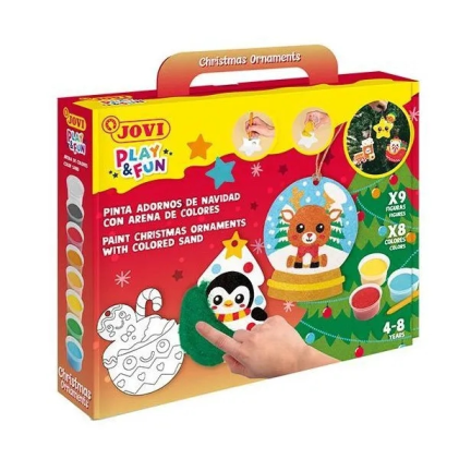 Kit per dipingere con la sabbia Jovi Play & Fun - Decorazioni natalizie con 8 vasetti di sabbia + 1 perforatrice + 3 fogli con disegni natalizi - Colori assortiti