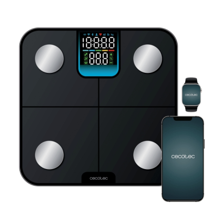 Bilancia pesapersone Cecotec Surface Precision HealthySmart fino a 180 kg - Bluetooth 4.0 - Analisi corporea completa - Piedini antiscivolo - Funzione beb&egrave; - Vetro temperato - LCD - 310x310 mm - Nera