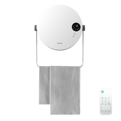 Cecotec ReadyWarm 2000 Stufa elettrica da parete in ceramica rotonda - Potenza 2000W - Telecomando incluso - Regolazione della temperatura - Timer 12 ore - Scaldasalviette - Protezione IP22 - Bianca