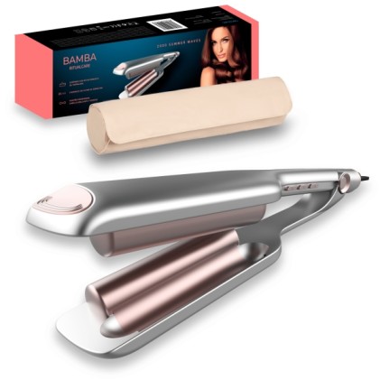 Piastra per capelli Cecotec Bamba RitualCare 2000 Summer Waves per creare onde - Temperatura regolabile - Funzione ionizzatore - Punta fredda - Cavo girevole a 360&deg; da 1,8 m - Custodia da viaggio - Spegnimento automatico - Colore argento