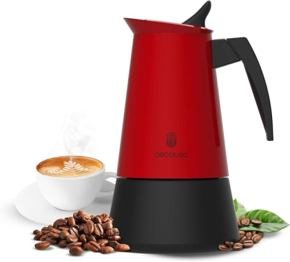 Caffettiera italiana Cecotec Piccolina 600 per 6 tazze, in acciaio inox - Capacit&agrave; 300 ml - Guarnizione in silicone - Compatibile con tutti i tipi di fornelli - Valvola di sicurezza - Nero e rosso