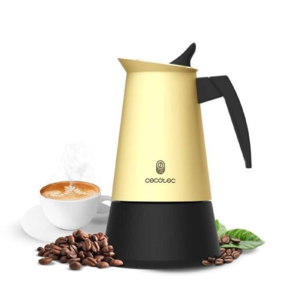 Caffettiera italiana Cecotec Piccolina 600 per 6 tazze, in acciaio inox - Capacit&agrave; 300 ml - Guarnizione in silicone - Compatibile con tutti i tipi di fornelli - Valvola di sicurezza - Nero e giallo