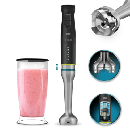 Cecotec Katana 15 TotalDestroy Frullatore a immersione con caraffa - 1500W - Lame a forbice in titanio - Funzione oscillante - 21 velocit&agrave; - Protezione antispruzzo - Caraffa da 800 ml con coperchio - Turbo - Nero