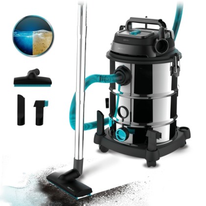 Aspirapolvere a traino Cecotec Conga Rockstar Wet and Dry Steel Pro per solidi e liquidi - 1600W - Serbatoio da 30L - Funzione soffiante - Doppio filtro - Ruote in gomma - Acciaio inossidabile