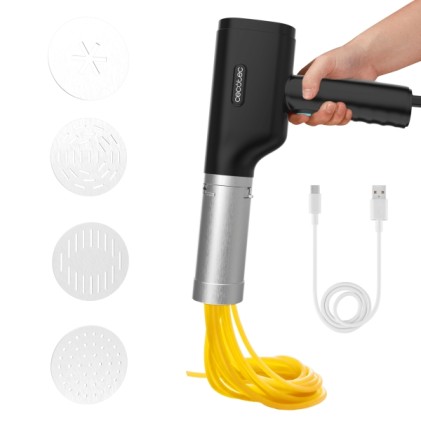 Cecotec Fun EasyPasta Macchina per pasta e churros - 40W - Portatile - Capacit&agrave; 200g - Include 3 dischi per pasta - Disco esclusivo per churros - Senza fili - 50 utilizzi per carica - Nero