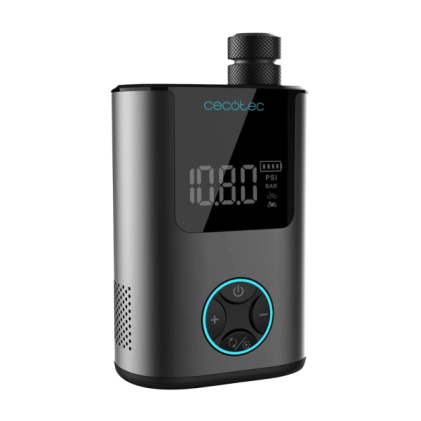 Cecotec Mini Air Max Gonfiatore per Pneumatici - Pressione fino a 150 psi - Doppia batteria da 600 mAh - 4 Ugelli Adattabili - Schermo LCD con Controllo - Ricarica rapida USB-C - Accessori inclusi - Nero