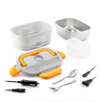 Innovagoods Lunffi - Portapranzo elettrico - Capacit&agrave; 1,5 l - Temperatura fino a 90 &deg;C - Potenza 60 W - Cavi rimovibili - Contenitore in acciaio inox - Coperchio con valvola - Arancione e bianco