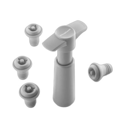 Pompa per vuoto manuale e tappi per vino Innovagoods Winuum - Include 4 tappi riutilizzabili - Previene l'ossidazione del vino - Compatto e leggero - Non adatto ai vini spumanti - Grigio