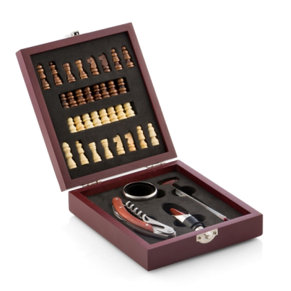 Innovagoods Set di accessori per il vino da 5 pezzi con scacchiera completa - Materiale in legno e acciaio inossidabile - Ideale come regalo - 15x5x17 cm - Marrone