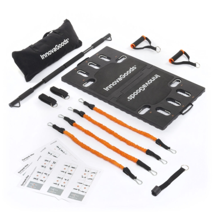 Innovagoods Gympak Max Set di allenamento completo portatile - Resistenza regolabile - Compatto - Guida agli esercizi - Borsa per il trasporto - Base antiscivolo - 51x87x3 cm - Nero e arancione