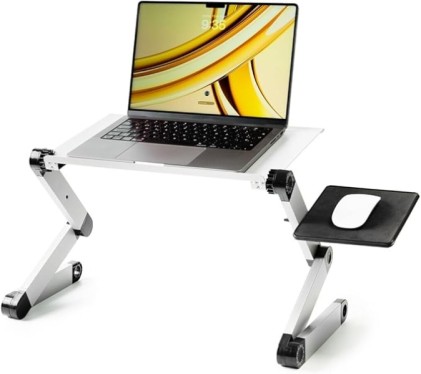 Scrivania per laptop regolabile in pi&ugrave; posizioni Innovagoods Omnible in alluminio - Pieghevole - Supporta fino a 15 kg - Vassoio per mouse - Ruotabile a 360&deg; - Multifunzionale - 49x53x26 cm - Grigio