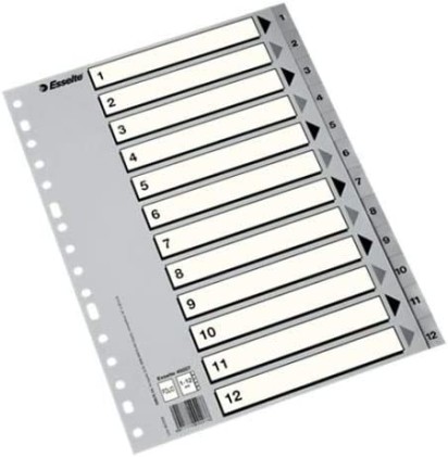 Esselte 50 Indici Numerici in Plastica - Schede da 1 a 12 - Multiforo - Formato Folio - Colore Grigio