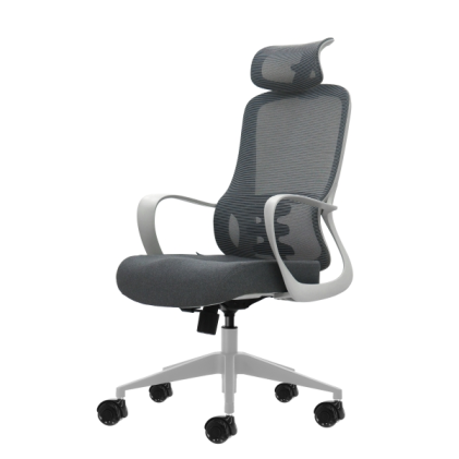Sedia da ufficio ergonomica Oqonos Cherg 008 con poggiatesta cervicale regolabile, schienale in rete traspirante, pistone a gas di classe 4, supporto lombare, braccioli fissi, sedile ergonomico sagomato e ruote in silicone - Grigio