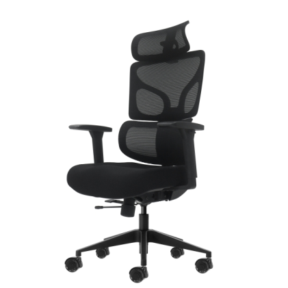 Sedia da ufficio ergonomica Oqonos Cherg 010 con poggiatesta cervicale regolabile, schienale e sedile in rete elastica, braccioli 4D, sedile scorrevole ergonomico sagomato e ruote in silicone - Nera